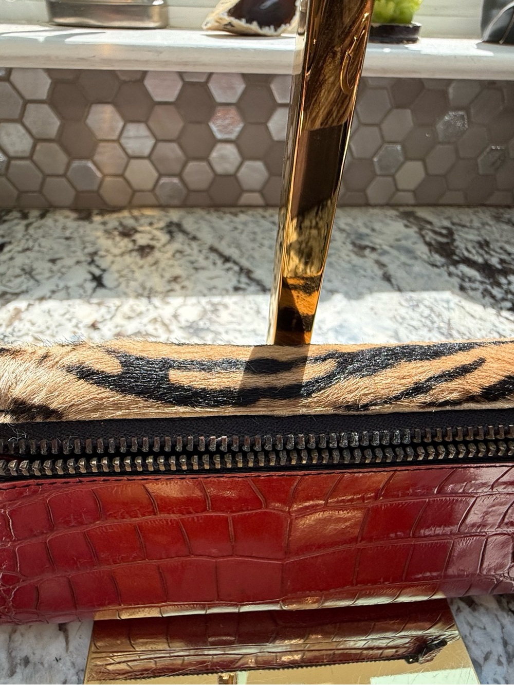 Red Croc-Embossed Clutch with Tiger Print Flap - Picture 3 of 9